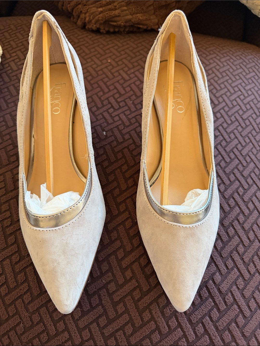Franco Sarto Beige Pointed-Toe Heels with Metallic Trim
